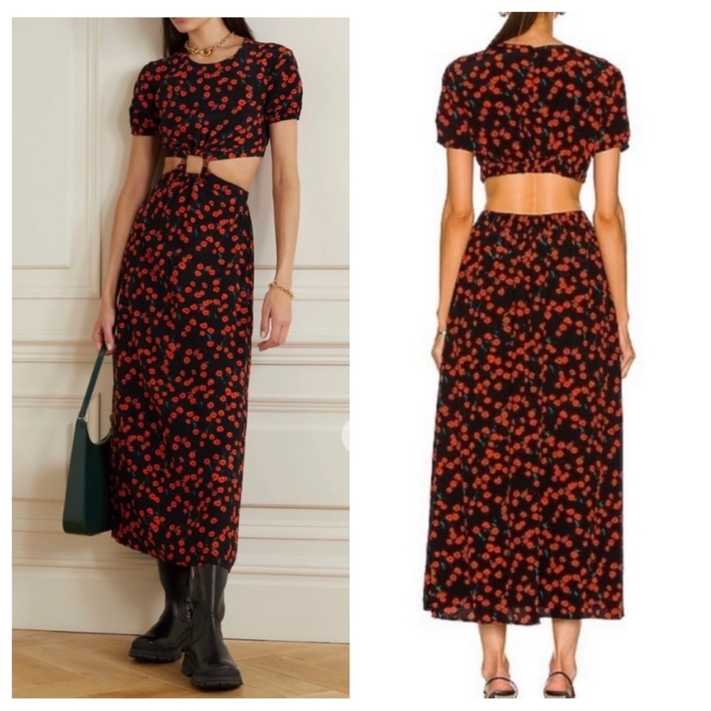 STAUD Black Midi Dress with Red Floral Print